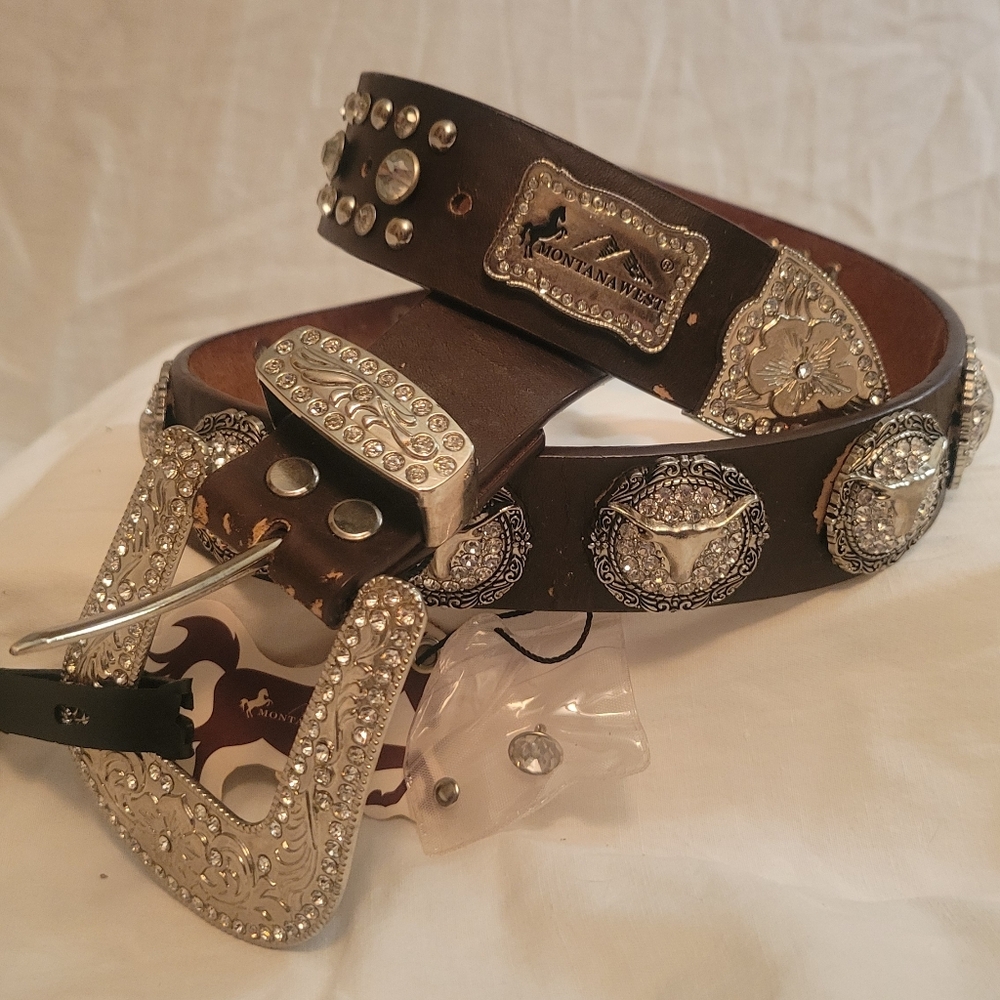 Montana West Xl embellished brown Belt Western Cowboy Cowgirl With Rhinestones - Picture 3 of 11